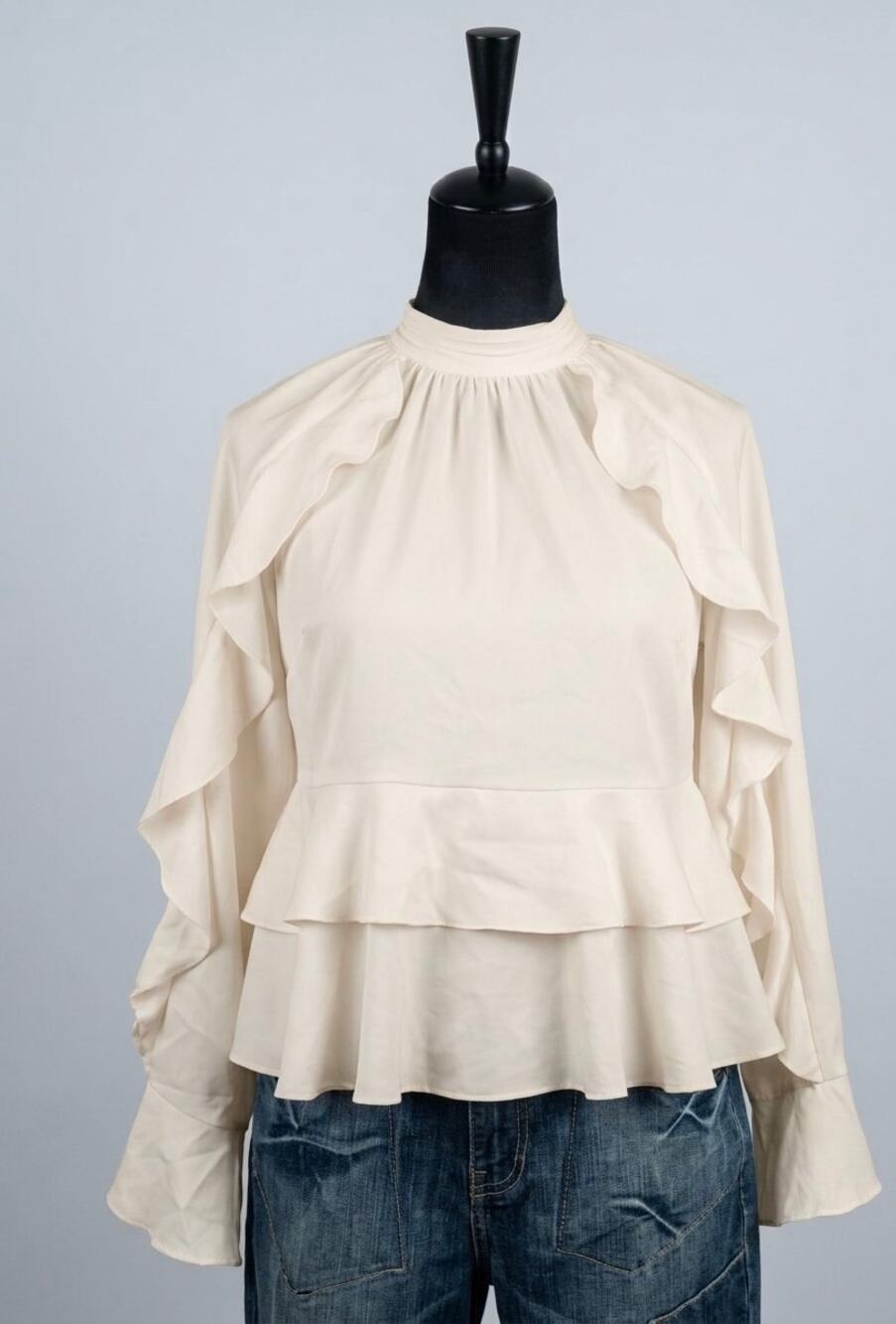 Zara Cream High Neck Tiered Ruffle Blouse Long Sleeve Peplum Top Ivory Size S